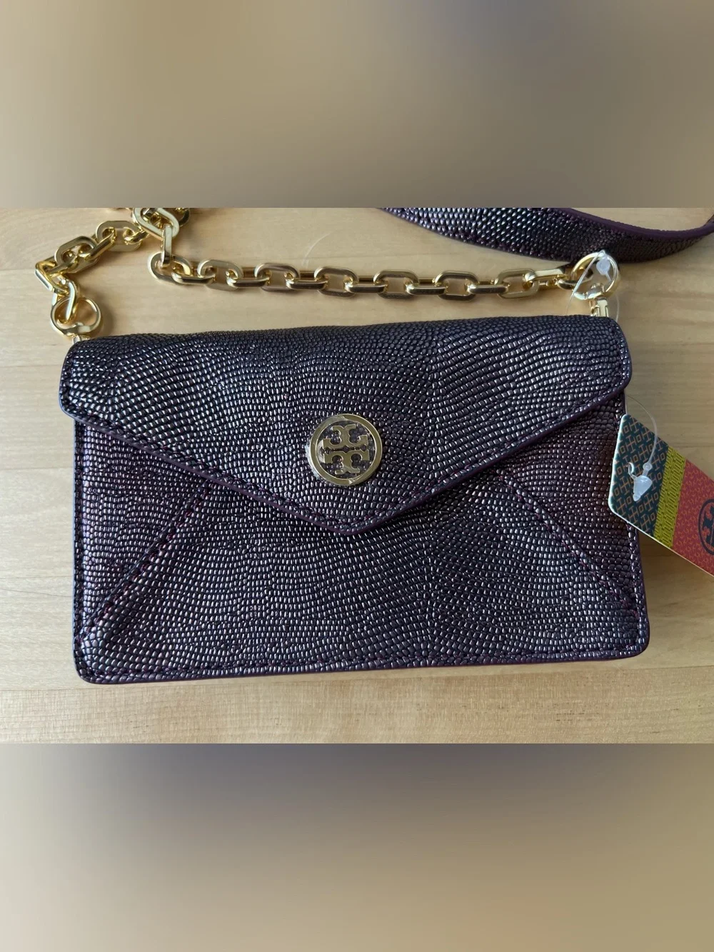 New Tory Burch Envelope Crossbody Bag in Dark Plum with Gold Chain